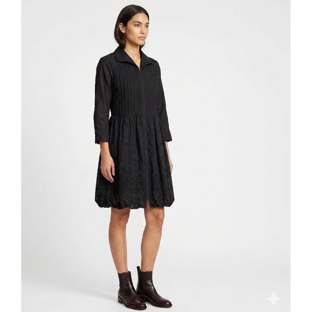 Samuel Dong Bubble Dress Size Medium‎ Black Eyelet 3/4 Sleeve Collar Zip Front
